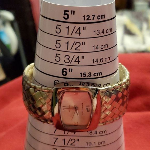 Women's Vernier Cuff Analog Wristwatch Silver Case Woven Silver & Rose Gold Band - Picture 7 of 7